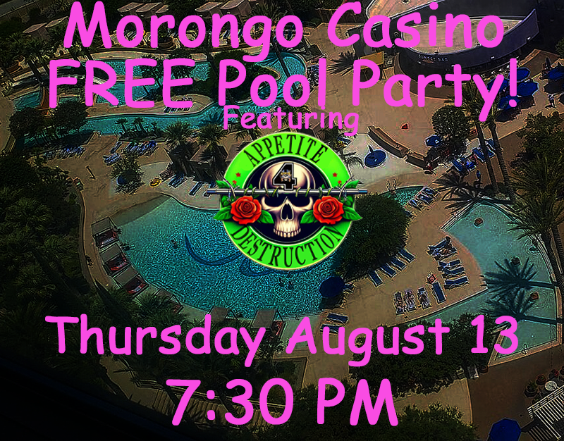 A4Destruction's tweet photo. FREE show. Just stop by the Rewards Desk or Kiosk on your way in to grab your free players card. Your free entry to the pool party! Pack your swimsuit, grab your friends, and we’ll see you at the Oasis! Because nothing says "Paradise City" like a poolside cocktail. #morongocasino https://t.co/aNxZVAsLyG