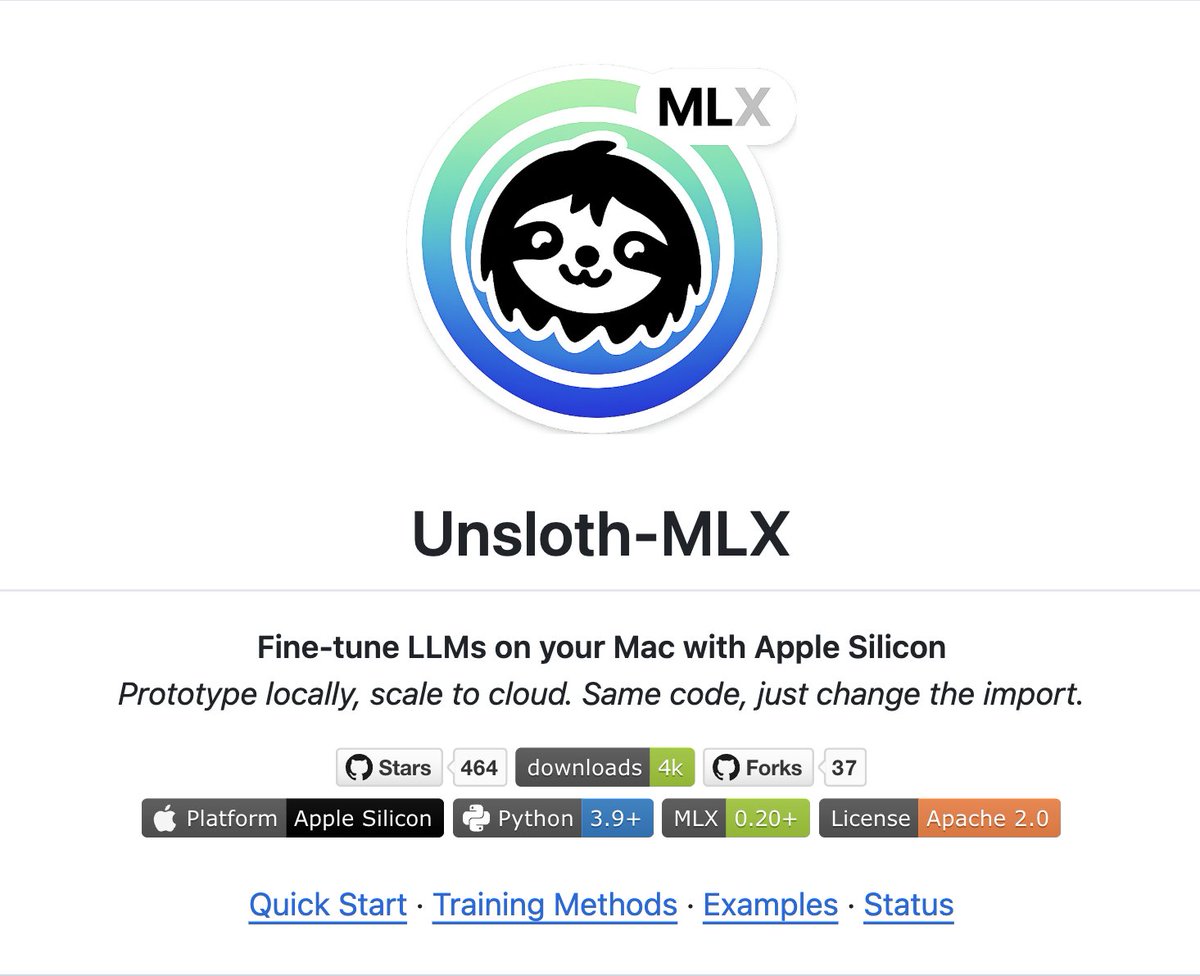 _ARahim_'s tweet photo. Yaay! 🎉 4k+ downloads and 460+ stars!

Building this has been a wild ride. If you have an Apple Silicon Mac and want to fine-tune LLMs locally without changing your original Unsloth code, come join the party. https://t.co/ZPrwcJyrd8