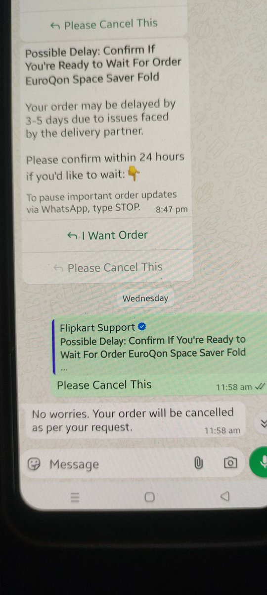 mandira87766's tweet photo. @flipkartsupport What is the resolution? I got a message from Flipkart asking for cancellation as the item is being delayed which I had opted for. Why the same is not cancelled yet as the item is being delayed. I don't want the product because of the delay. https://t.co/PfvqXlP9mG
