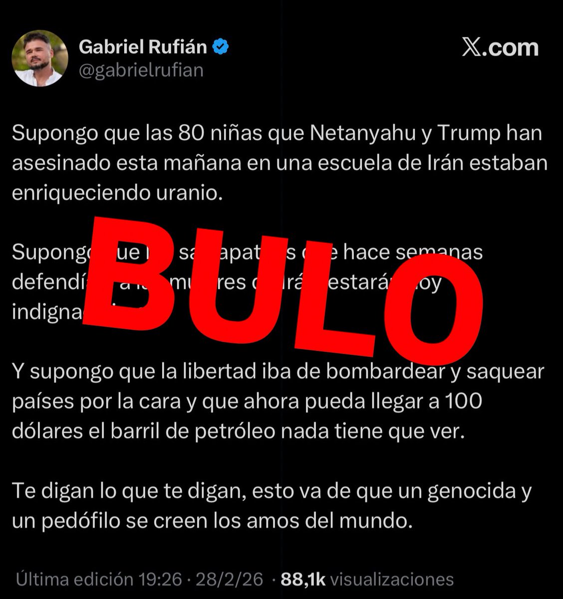 SrLiberal's tweet photo. ❌BULO de Gabriel Rufián, quien aspira a liderar la refundación de la izquierda podemita se come el bulo publicado por RTVE sobre el falso ataque a una escuela en Teherán. 

En realidad las imágenes son de un ataque en Kabul (Afganistán) en 2021. https://t.co/wyEeMFKIdd