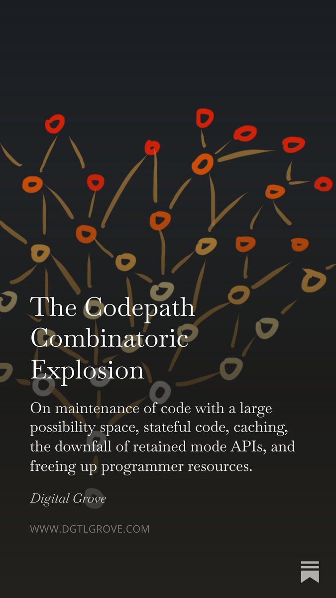 dgtlgrove's tweet photo. “The addition of one codepath is not, strictly speaking, free.

“Immediately after writing code which produces new codepaths, we can say that those codepaths have not been experimentally verified as correct. We haven’t stepped through them in a debugger—we haven’t even made sure they’re working at all. Those codepaths might be chosen from depending on a wide variety of possible preexisting states—to exhaustively test these new codepaths, we’d have to visit each one of those possible preexisting states, and step through each one, and run each one normally, on a variety of possible hardware configurations.

“Now, obviously, that is an enormous set of possibilities to test! Nobody does all of that for every new codepath they introduce. Nobody can do all of that. It’s simply not economic to do the full set of possible extra work tasks, which verify that our new code executes appropriately under all circumstances. In fact, for sufficiently complex software, there is something inherently infeasible about doing that—the whole point of some software is to allow for a vast space of possibilities. At some point, this becomes fundamentally untestable.

“So, we have two choices. First, we can attempt the smallest possible subset of that extra work—for the sake of maximizing our efficiency—which offers the greatest possible predictive power over what we’d find in doing that full set of extra work. Second, we can shrink the number of codepaths we produce.”