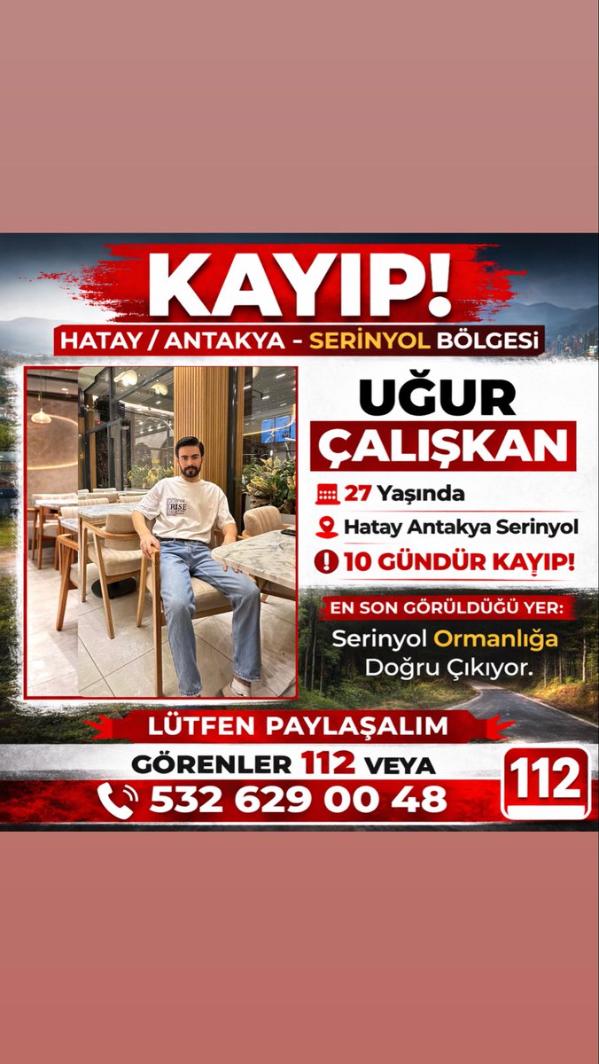 0a4a01bd3dd042c's tweet photo. Hatay Serinyol’da kaybolan Uğur Çalışkan 11 gündür kayıp.
Lütfen görenler bilgi versin.
#UğurÇalışkanNerede 
@HatayValiligi @AFADBaskanlik @TC_icisleri https://t.co/oTft9C6rjl