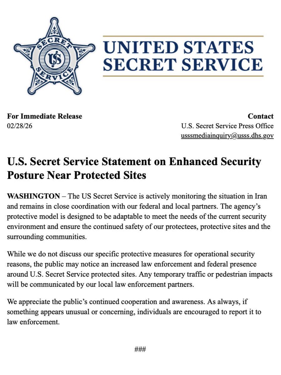 JUST IN: 🇺🇸 Secret Service announced increased security for President Trump following Iranian strikes.