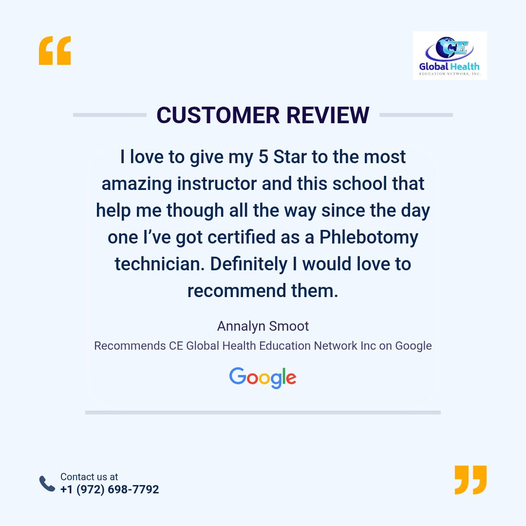 CeGlobalHealth's tweet image. Here’s what one of our clients has to say! We love hearing such great feedback from our valued customers. Thank you for trusting us! #Gibill s #medicalassisitingcetification #phlebotomycertification s #healthcarecareerschool #medaidecertification #cnaschool #phlebotomyschool