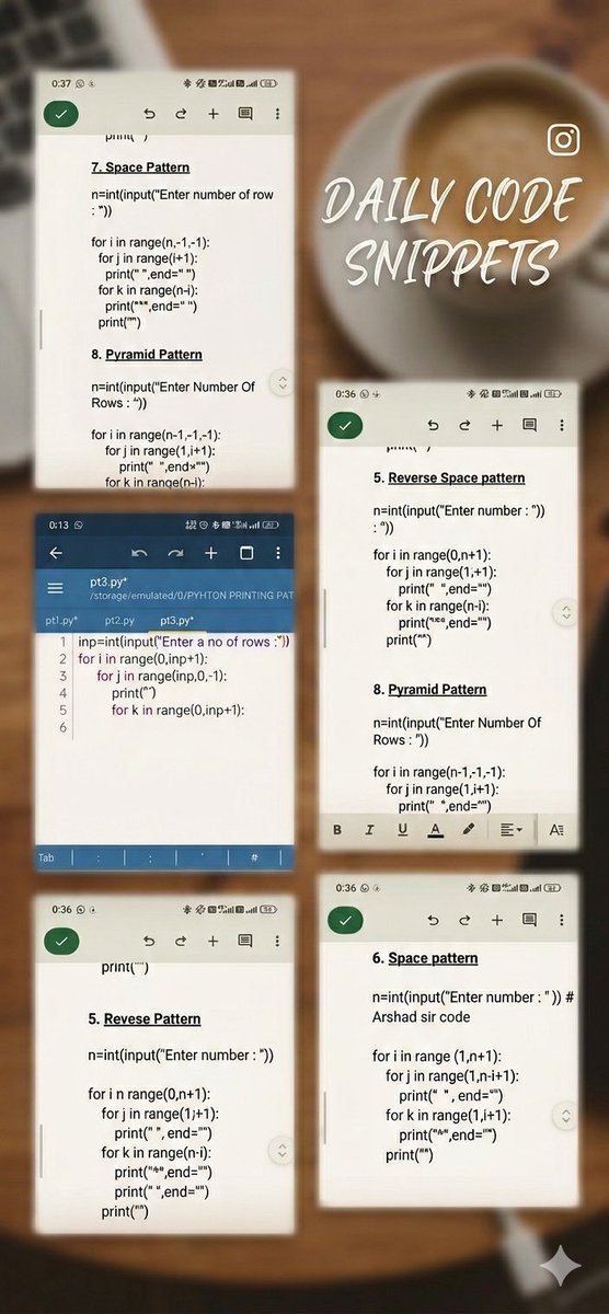 raj_dev001's tweet photo. Day 21 🚀
• No SQL today due to health + festival rush 🤒🎉
• Away from PC for few days 💻❌
• Practiced  Python pattern printing after long gap 🐍
• Did paper coding + mobile practice 📱📝
Not at 100%, but still showed up.
#Day21 #Python #Consistency https://t.co/ubza5nQN5o