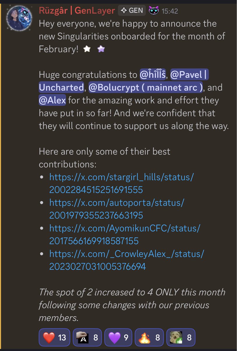 Glad to be honored with the Singularity role <a href="/GenLayer/">GenLayer</a> today.

For me, It has been a great journey so far, the fun memories, the friendships, the community creativity and brilliance , the efforts🥹

It doesn’t stop here
Let’s keep building &amp; pushing the vision forward together💚
