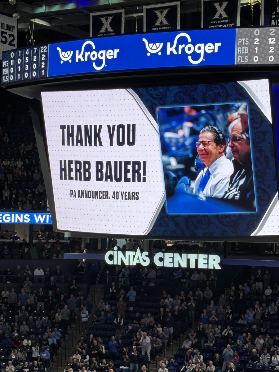 RollBlobPod's tweet photo. Herb Bauer honored at halftime, after 40 years of excellence as Xavier’s PA announcer. Games at Cintas will not be the same without hearing his voice https://t.co/dCyJYaZEuB