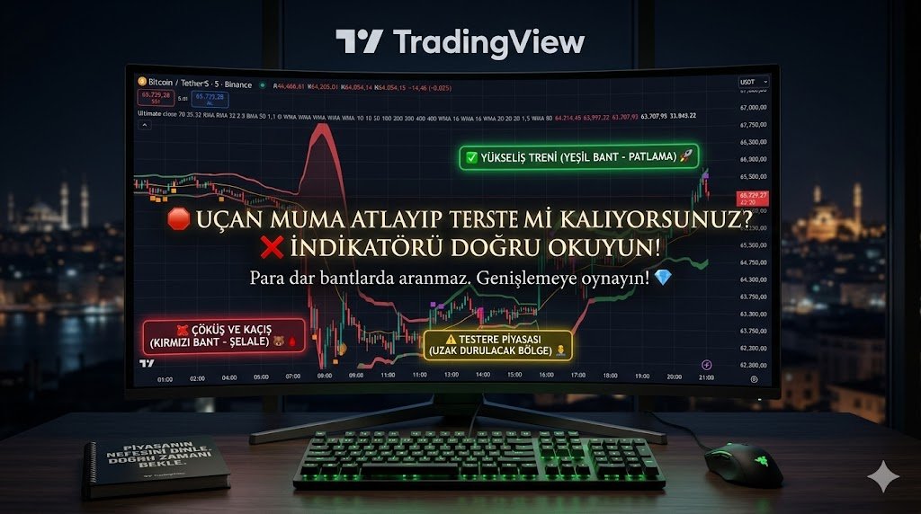algotrader06's tweet photo. 🚨 UÇAN MUMA ATLAYIP SÜREKLİ TERSTE Mİ KALIYORSUNUZ? 📉💸❌

Piyasayı okumak için yeni keşfettiğim bir indikatör paylaşmak istiyorum. Tek bir indikatör ve piyasanın görüntüsünü inanılmaz derecede tutarlı bir şekilde okuyor. Her finansal varlıkta her periyotta kullanılabilir.

İncelemek isteyenler için açık kaynak kodlu. 
İndikatörümüzün ismi : 
The Ultimate Buy and Sell Indicator 🧮

Çoğu yatırımcı fiyat "uçuyor" diye heyecanlanıp en tepeden oyuna girer, sonra tahta 15 dakika içinde başına yıkılır. Neden? Çünkü piyasanın "Nefes Alışını" yani daralma ve patlama döngüsünü okuyamıyorlar!

Ekranda paylaştığım indikatör tam olarak bu sorunu çözüyor. Mantığını anlamak için karmaşık matematiğe gerek yok; piyasayı bir lastik gibi düşünün. Gerilir (daralır) ve kopar (patlar). 👇🔥

Aşağıda paylaştığım 5 dk periyotlu BTCUSDT grafiğindeki hareketi 3 basit adımda okuyalım: 

🟩 YÜKSELİŞ TRENİ (YEŞİL BANT - PATLAMA):
Grafikte saat 15:00 sonrasına dikkatli bakın. Bantlar YEŞİL renge dönmüş ve ağzını yukarı doğru kocaman açmış. Bu genişleme "Oyuna alıcılar girdi, trend başlıyor" demektir. Fiyat orta çizginin (turuncu) üzerinde kaldığı sürece korkulacak bir şey yok, trendin tadını çıkarın! 🚀

🟥 ÇÖKÜŞ VE KAÇIŞ (KIRMIZI BANT - ŞELALE):
Grafikte sabah 09:00'daki çöküşe bakın. Bant aniden KIRMIZIYA dönmüş ve aşağı doğru bir şelale gibi genişlemiş. Orta çizginin altına kırılım geldiği an hikaye bitmiştir. "Burası dip, döner" diyerek inatlaşılmaz. Düşen bıçağı tutmayın, işlemi kapatın! 🐻🩸

⚠️ TESTERE PİYASASI (UZAK DURULACAK BÖLGE):
En tehlikeli yer! 11:00 ile 14:00 arasına odaklanın. Bantlar iyice daralmış, yön belirsiz, fiyat dar bir alanda sıkışmış. İşte küçük yatırımcının "Acaba kırıyor mu?" diyerek sürekli komisyon ödediği ve para kaybettiği TESTERE (Chop) bölgesi burasıdır. Bantlar daralmışsa İŞLEM YAPMA, bekle! 🧘‍♂️

🦁 ÖZETLE KURAL ÇOK NET:
Para yatay ve dar bantlarda aranmaz. Bantlar renk değiştirip (Yeşil/Kırmızı) şiddetle genişlemeye başladığı an trene atlanılır! Dibe veya tepeye oynamayın, patlamaya oynayın. 💎

Siz grafiğe baktığınızda genelde nerede tuzağa düşüyorsunuz? Genişlemeyi kaçırıp fırsat kaçırdığını düşünüp o dar "testere" bölgesinde işlem yapanlardan mısınız? 😅 Yorumlarda dürüst olalım! 👇

#Borsa #Bist100 #Bitcoin #Kripto #Algotrading #TeknikAnaliz