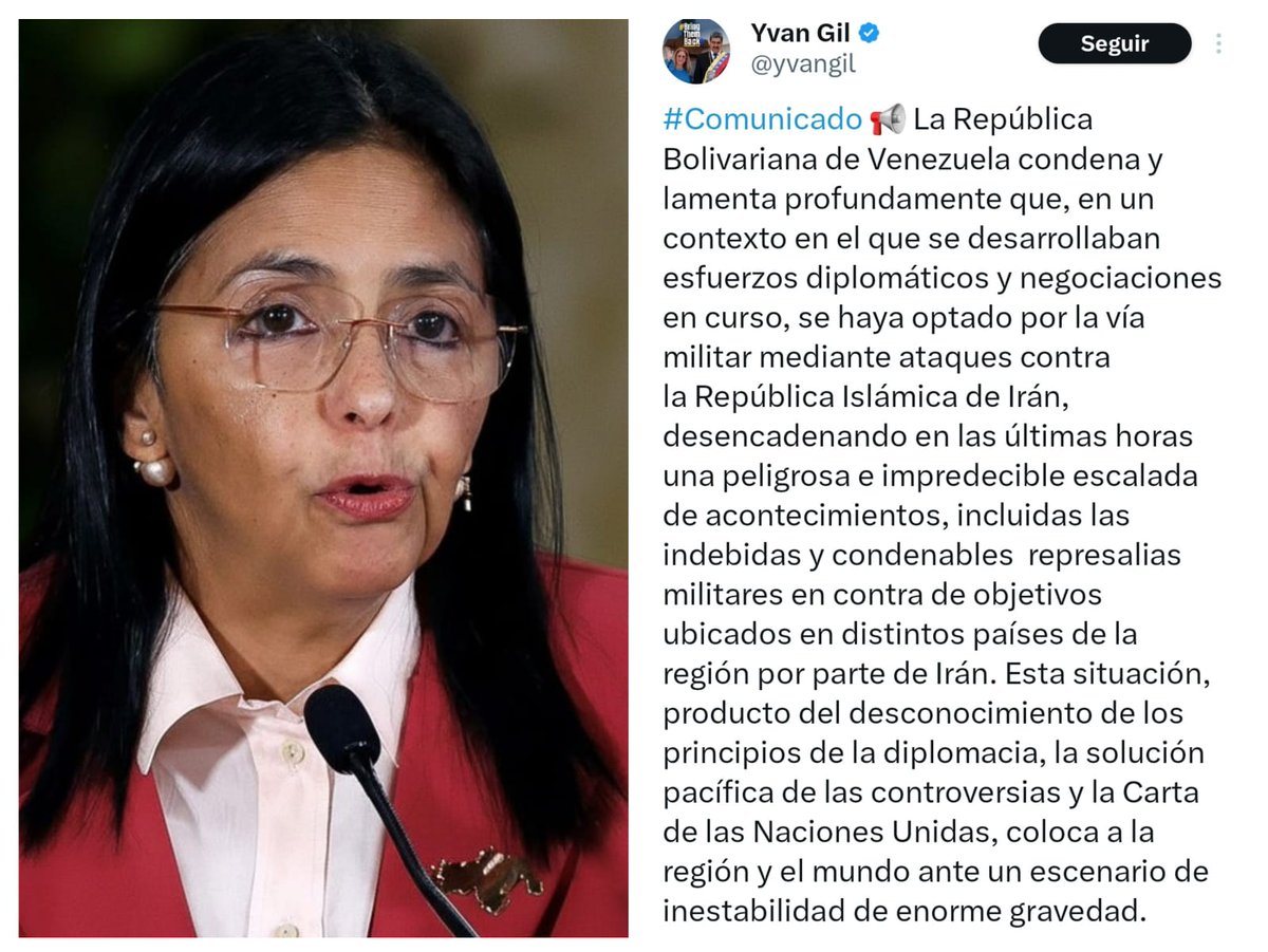 Delcy Rodríguez, a través de su canciller, se aleja de su nuevo socio Donald Trump y se alinea con su verdadero aliado, el régimen terrorista de Irán. El chavismo continúa utilizando las instituciones del país para difundir mensajes contrarios al pueblo venezolano, que