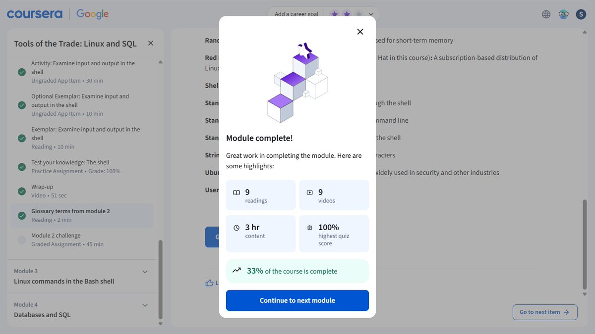 Today, I started the 4th course: Tools of the Trade: Linux &amp; SQL.
I completed Modules 1 and 2, where I learned about the Introduction to Operating Systems and gained a solid understanding of the Linux Operating System. 

<a href="/ireteeh/">Dr Iretioluwa Akerele</a> <a href="/TemitopeSobulo/">Temitope Sobulo🛡️</a> <a href="/segoslavia/">Ṣẹ́gunfúnmi😎</a> <a href="/jay_hunts/">zʇunH ʎɐſ ɐsɐɟnW 🦁🦁🦁🦁</a>