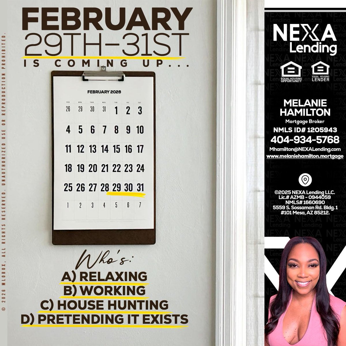 Shanise777's tweet photo. Leap year vibes! 🌟 Are you ready for February 29th-31st? What’s your plan: A) Relaxing B) Working C) House hunting D) Pretending it exists? Let us know! #LeapYear #FebruaryFun #HouseHunting https://t.co/t0Fhdw0bX1