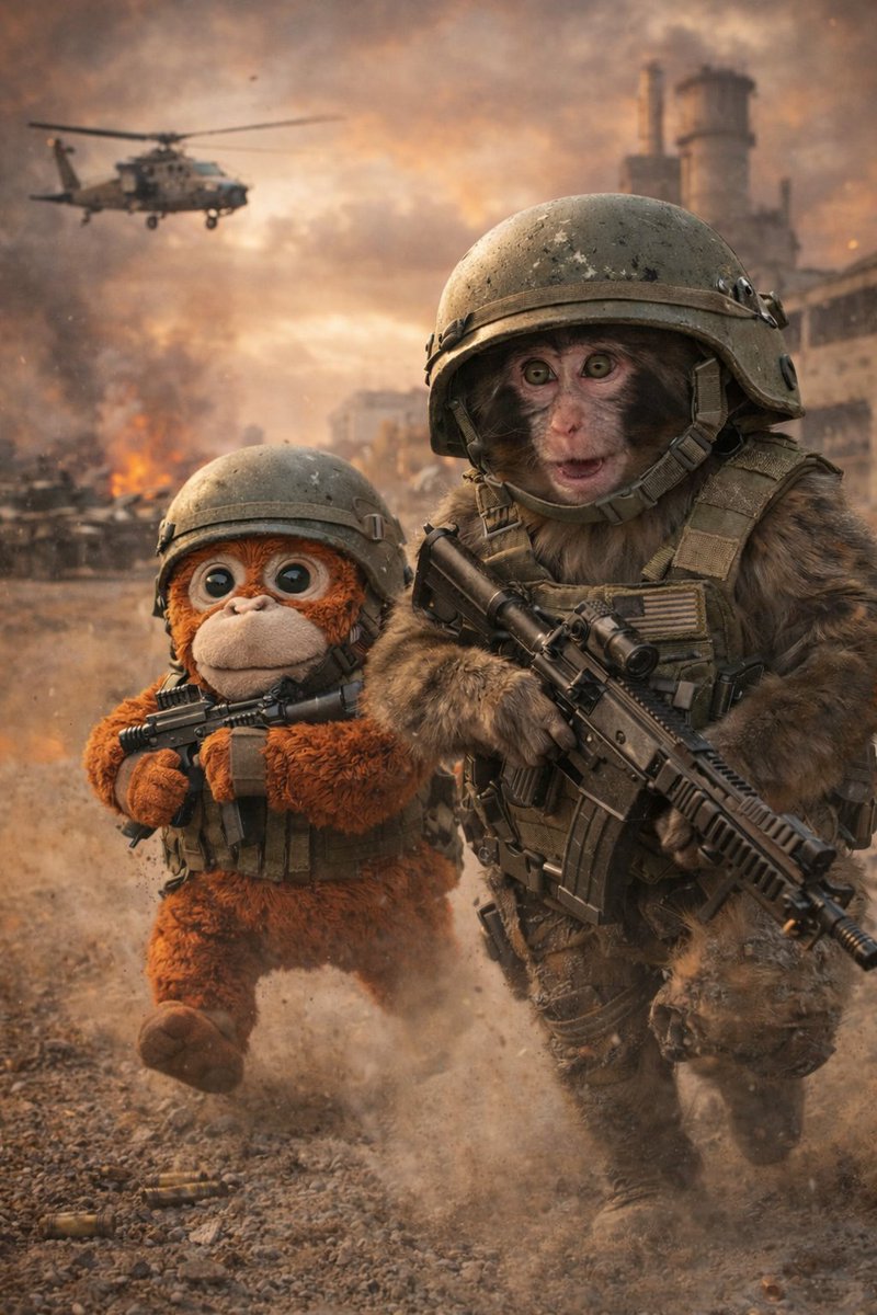 memechaotic's tweet photo. Punch the Monkey didn’t run. 

He picked up his little soldier, dusted him off, and marched forward. https://t.co/kpUZkWp9fY
