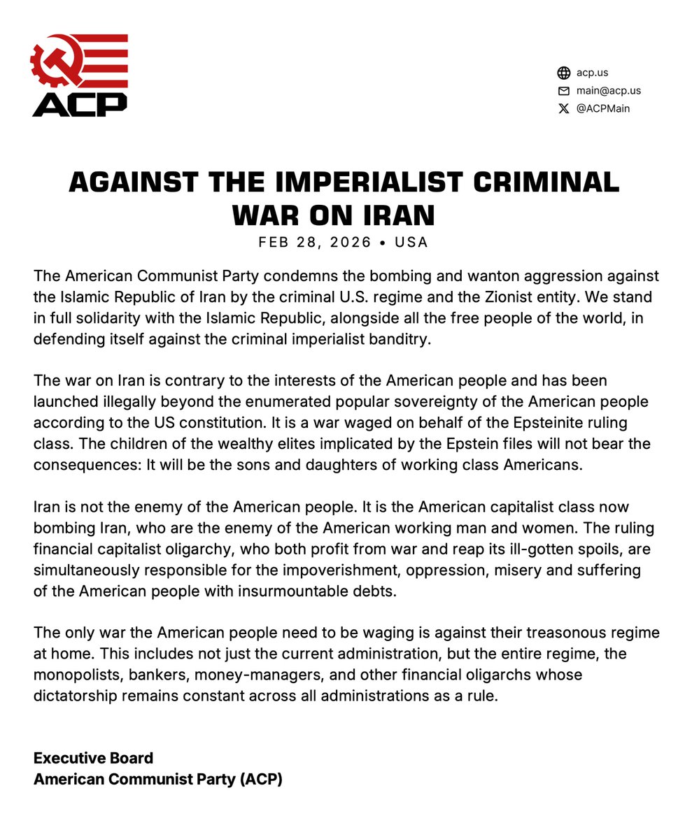 The American Communist Party stands against the criminal imperialist war on Iran.