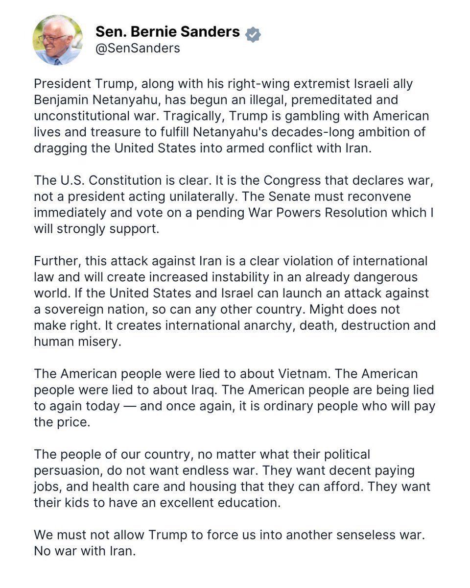 NLM_Magazine's tweet image. "No war with Iran," that is the message that Senator Bernie #Sanders has sent to American legislators. According to him, only the US Congress can declare war, and since this has not happened, the actions by President @realDonaldTrump are unconstitutional. #NLMLiveIranUpdates.