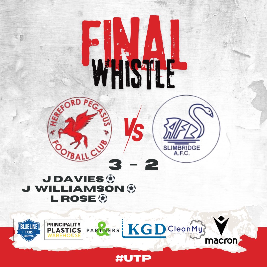 🔴⚽️FINAL WHISTLE⚽️🔴

Back to winning ways this afternoon for Hereford Pegasus FC with a hard fought 3-2 win at The KGD Stadium against Slimbridge AFC.

🔴⚽️GOAL SCORERS⚽️🔴

Joe Davies ⚽️
Jordy ⚽️
Lewis Rose ⚽️

#herefordpegasusfc
#utp #finalwhistle