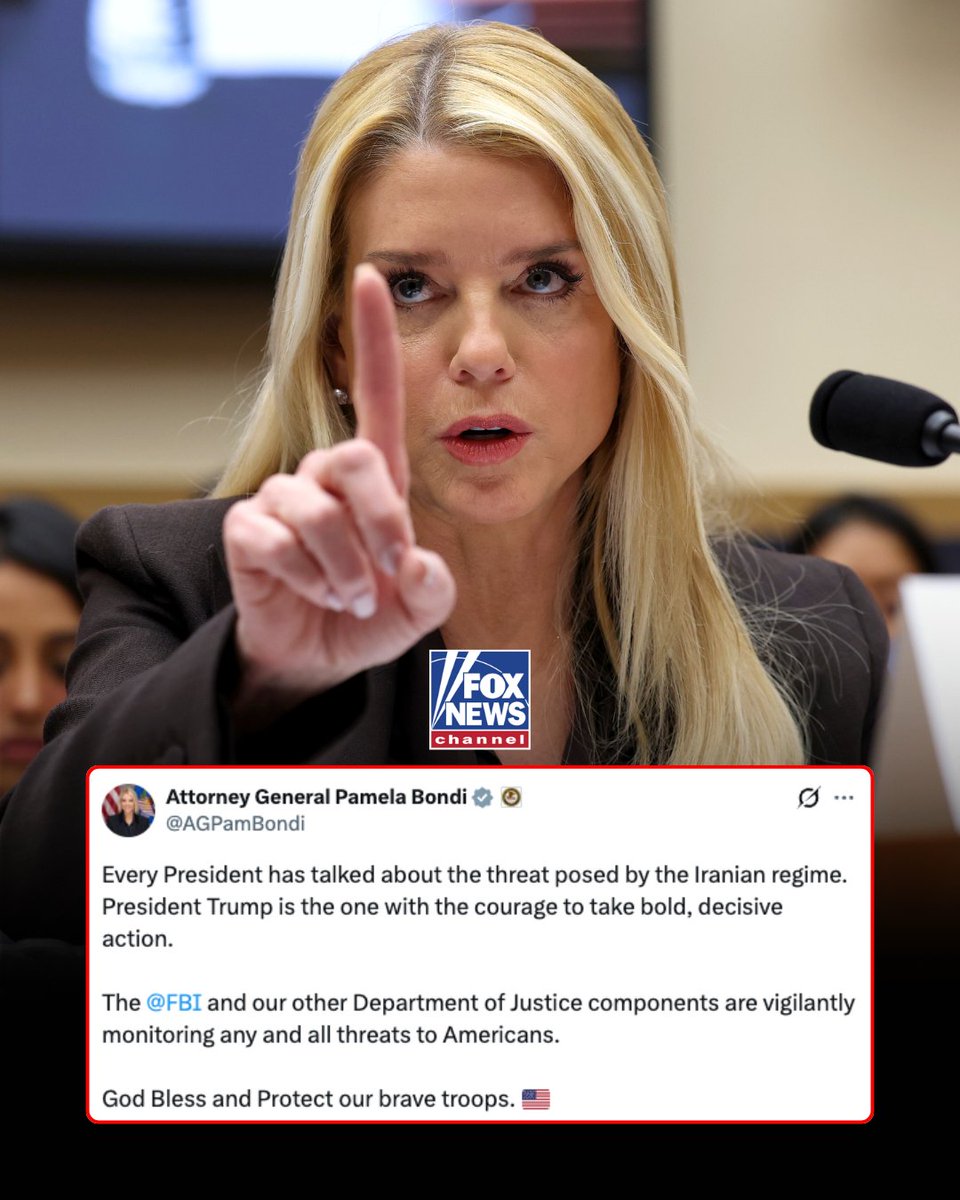 BOLD ACTION: Attorney General Bondi praises President Trump for taking decisive action against Iran, saying: “Every president has talked about the threat posed by the Iranian regime. President Trump is the one with the courage to take bold, decisive action.”
