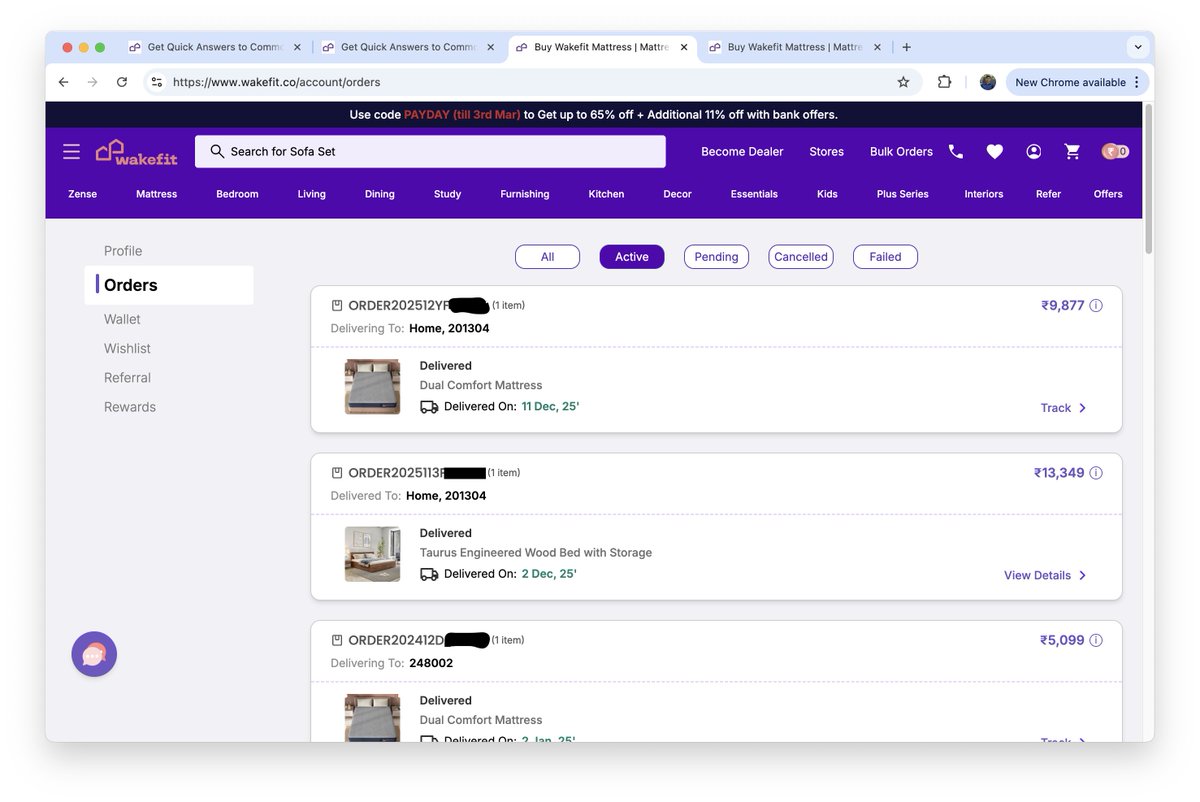 almostnishant's tweet photo. @WakefitCo @SupportWakefit 
Is there something wrong with your cashback system? My orders were delivered on 2 &amp; 11 Dec 2025, but I haven't received any cashback even after 3 months. I have been calling support &amp; raising tickets. Looks like false marketing to me. https://t.co/7PDMegR1Ax