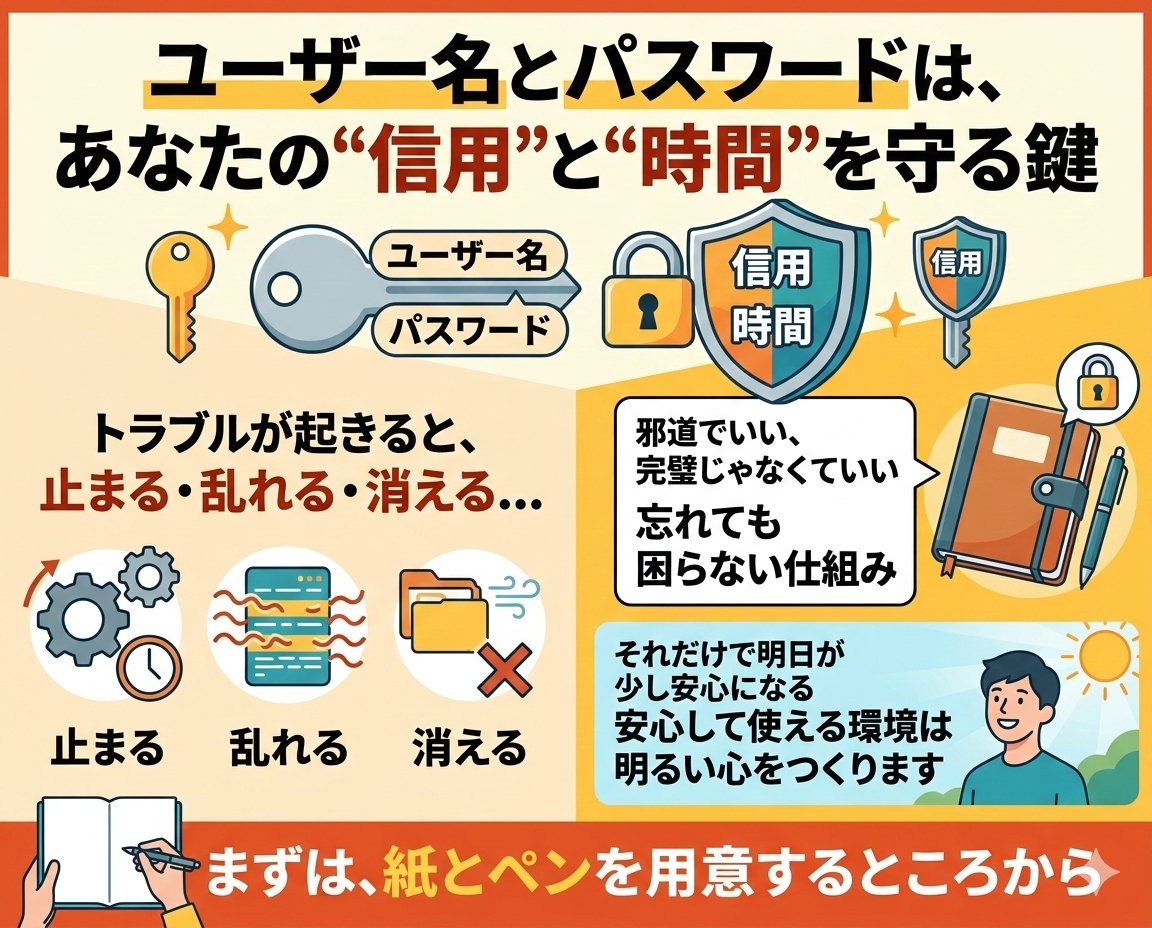 ユーザー名とパスワードは、
あなたの“信用”と“時間”を守る鍵
トラブルが起きると、止まる・乱れる・消える...

邪道でいい、完璧じゃなくていい
「忘れても困らない仕組み」
それだけで
明日が少し安心になる
安心して使える環境は
明るい心をつくります

まずは、紙とペンを用意するところから