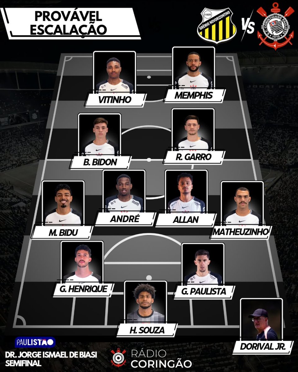 Força máxima para a semi!

O Corinthians vai a campo para enfrentar o Grêmio Novorizontino valendo vaga na decisão do Paulistão e deve colocar em campo suas melhores peças.

E aí, o que achou da provável escalação do Coringão para a partida desta noite?