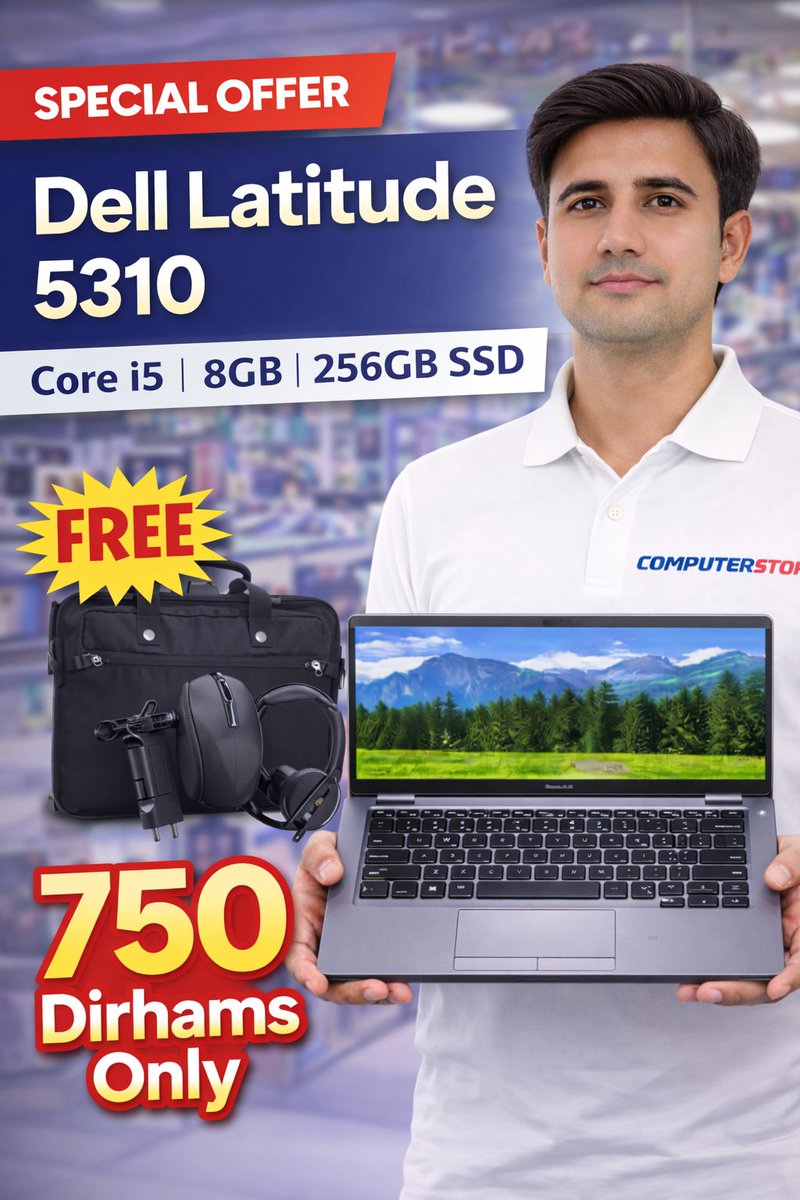 computerstoreae's tweet photo. 🔥 Dell Latitude 5310 – Only 750 AED

💻 Core i5 10th Gen
⚡ 8GB RAM | 256GB SSD
📏 14-inch display
🎁 FREE bag, mouse, charger &amp; headset included
Limited stock available. DM now to reserve.
#Dubai #UAE #LaptopDeal #DellLatitude #ComputerStore https://t.co/Zz4CrCR4q2