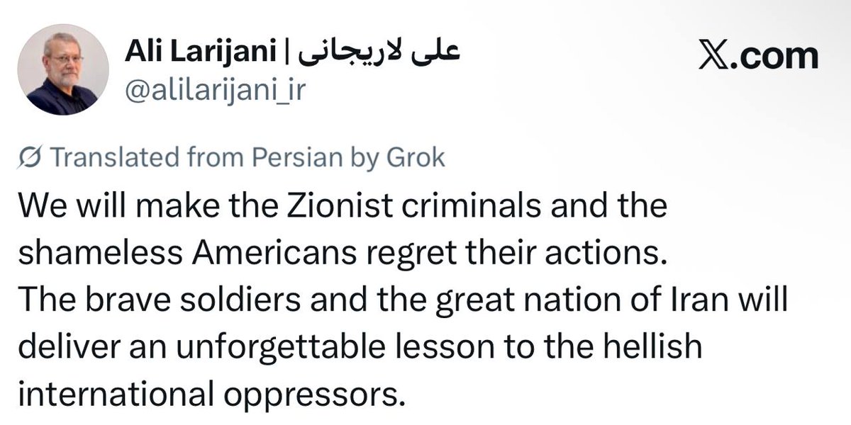 🇮🇷🇮🇱🇺🇸⚡️- BREAKING: Ali Larijani, Secretary of Iran's Supreme National Security Council, is alive, and vowed to teach 'an unforgettable lesson' to America and Israel

Ali Larijani is currently the de-facto President instead of Pezeshkian, according to reports