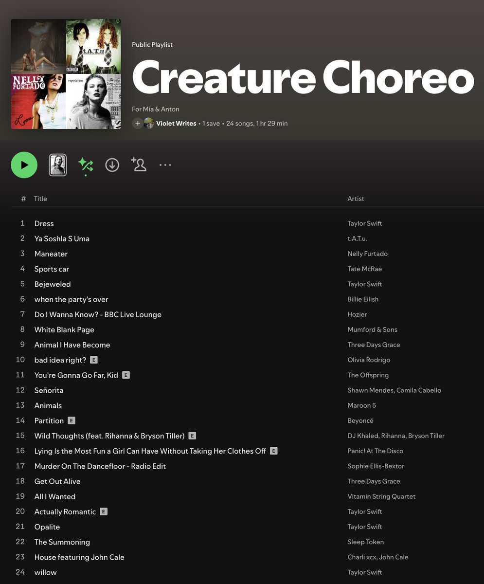 violetmgzwrites's tweet photo. Creature Choreography playlist for #UnhingedPit !  

Trueblood but make it Dancing with the Stars

inspired specifically by Val and Alix's finale dance last season, iykyk

72K

#A #R #paranormalromance #WIP #WritingCommunity #writing #dancingwiththestars https://t.co/nIOsuPDZi3