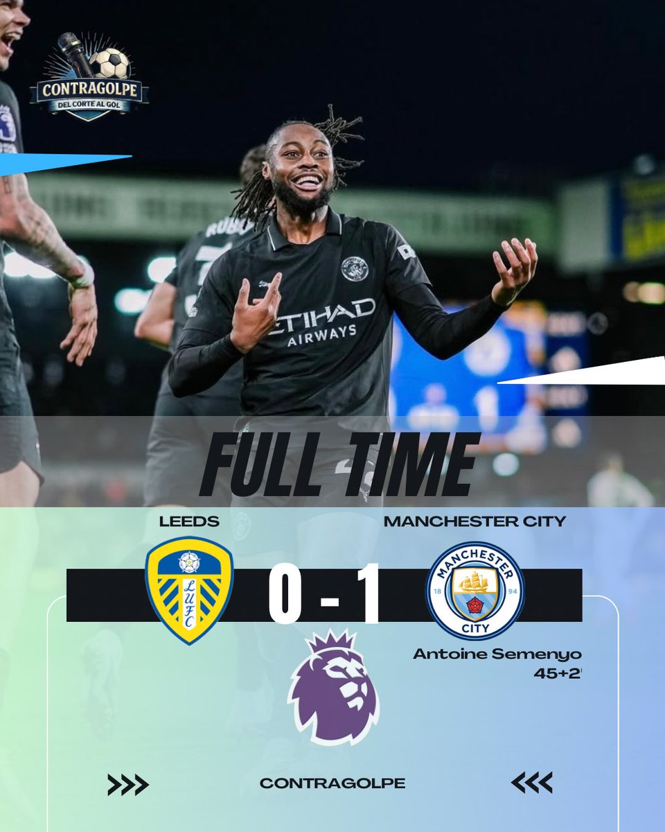contragolpedcag's tweet photo. 🔵 EL CITY GANA SIN HAALAND Y METE PRESIÓN ⚪

El Manchester City se impuso 0-1 en su visita al Leeds United por la Premier League, pese a la baja de última hora de Erling Haaland por lesión.

Sin su goleador estrella, los de Guardiola mostraron carácter y se llevaron tres puntos clave fuera de casa. El único tanto del encuentro llegó en el 45+2’, suficiente para inclinar la balanza a favor de los ‘citizens’. ⚽🔥

Con esta victoria, el City se coloca a solo 2 puntos del Arsenal FC y deja la pelea por el título al rojo vivo.

#PremierLeague 🏴󠁧󠁢󠁥󠁮󠁧󠁿🏆