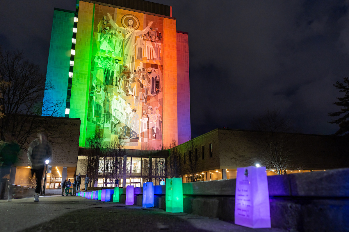 PhotosND's tweet photo. Today is Rare Disease Day. 

Every year on this day, we light up the Word of Life mural—commonly known as Touchdown Jesus—to help raise awareness and show support for the rare disease community. 💜 

#RareDiseaseDay https://t.co/RT11bnDsgV