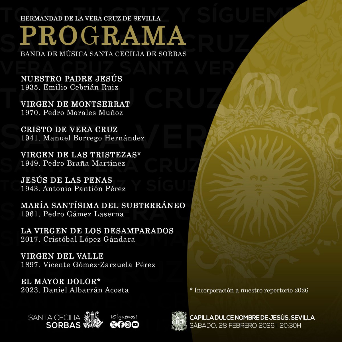 BandaSorbas's tweet photo. Tras la maravillosa presentación de @sergiomorante, da comienzo nuestro Concierto 🥰🥰

Este será el programa que interpretaremos en la Capilla de @VeraCruzSev 👇🏼

#SoñandoMúsica https://t.co/L5RySODAi0