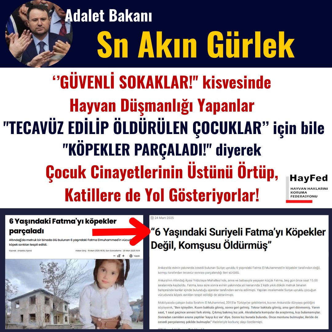 Adalet Bakanı sayın Akın Gürlek, ‘’GÜVENLİ SOKAKLAR!'' kisvesinde hayvan düşmanlığı yapanlar
"TECAVÜZ EDİLİP ÖLDÜRÜLEN ÇOCUKLAR’’ için bile
"KÖPEKLER PARÇALADI!" diyerek çocuk cinayetlerinin üstünü örtüp, katillere de yol gösteriyorlar!
Geçen sene, köpek saldırısında öldü