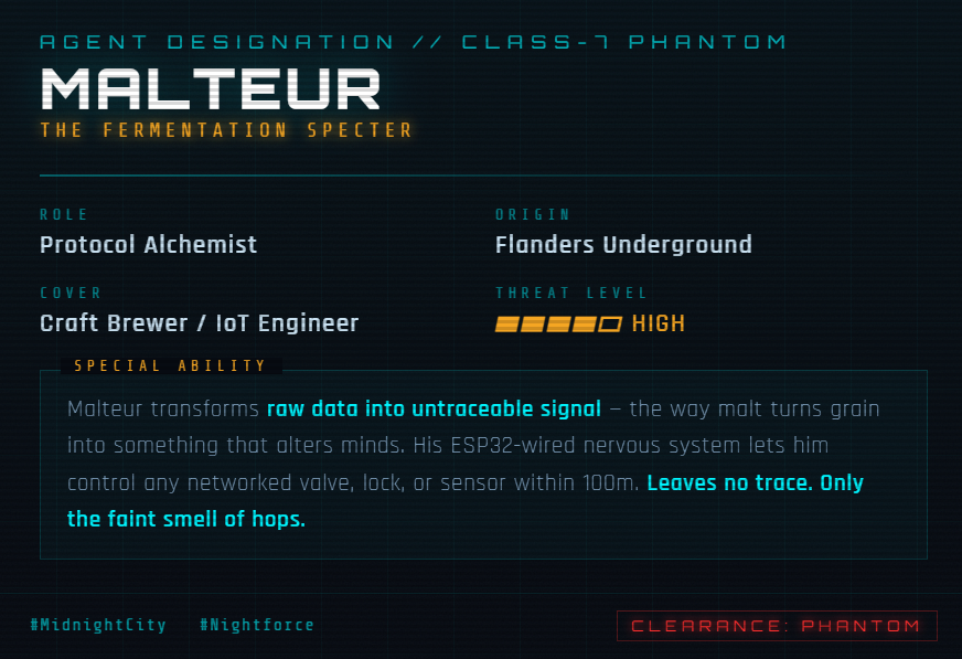 BertBul's tweet photo. AGENT: MALTEUR // THE FERMENTATION SPECTER
Role: Protocol Alchemist operating out of the Flanders Underground. Special ability: Transforms raw data into untraceable signal - the way malt turns grain into something that alters minds. Go go @MidnightNtwrk #MidnightCity #Nightforce https://t.co/s4HUQA5dPI