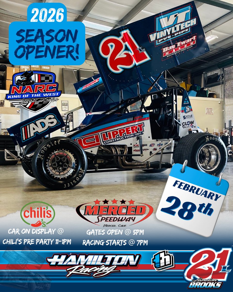 HamiltonRacingg's tweet photo. Season opener with @NARC410 tonight @MercedSpeedway! Stop by @Chilis in Merced before 1pm to see our car on display! https://t.co/4xiI2jgzJm