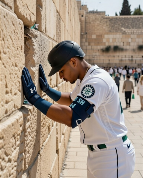 MLBNutwork's tweet photo. 🚨 BREAKING 🚨

Julio Rodriguez was seen bowing to "The Western Wall of Jerusalem" earlier today.

This comes as no shock to Mariners fans following a resurfaced video where Rodriguez claimed interest in playing future games in Israel.

How will his PR team handle this? 😳 https://t.co/PgjtcEoULS