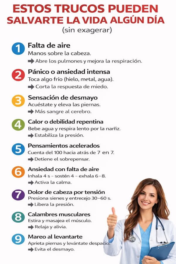 ESTOS TRUCOS PUEDEN SALVARTE LA VIDA ALGÚN DÍA
(sin exagerar)

1. Falta de aire
   Manos sobre la cabeza.
   ➜ Abre los pulmones y mejora la respiración.

2. Pánico o ansiedad intensa
   Toca algo frío (hielo, metal, agua).
   ➜ Corta la respuesta de miedo.

3. Sensación de