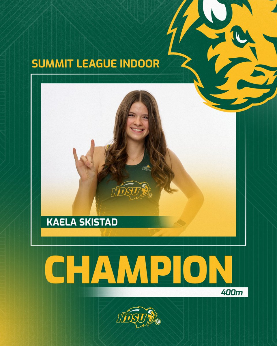 NDSUTrackField's tweet photo. 🥇 CHAMPION 🥇

Kaela Skistad takes the Summit League 400m title as a freshman, winning in 54.30. She moves up to No. 5 on the NDSU all-time list. https://t.co/qNIDj5IbSx