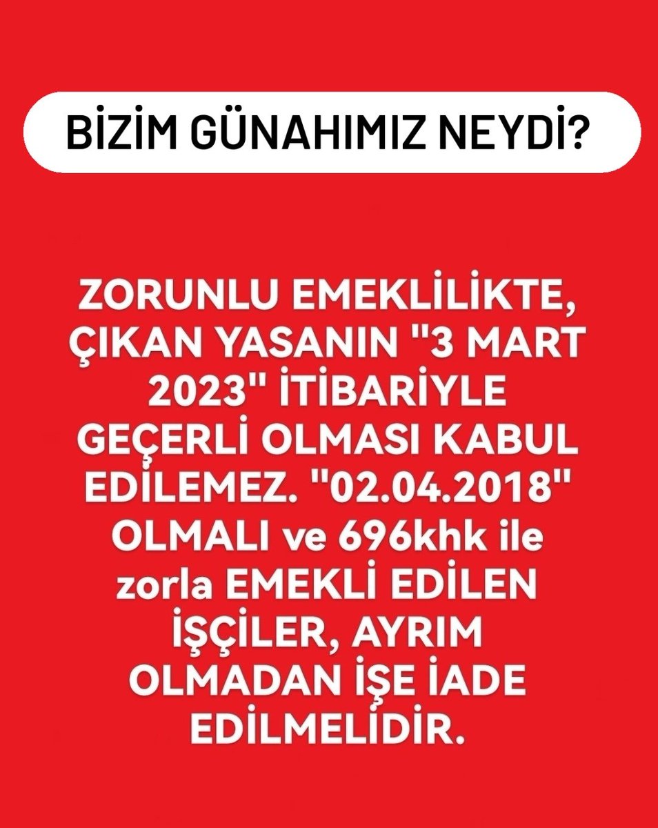 Ülkesine devletine hizmet etmiş Kamu da İşçiler 696 KHK ile isteği dışında zorunlu emekli edildi.03 Mart 2023 de  bu hüküm kaldırıldı. Mağduriyetimizin giderilmesini ve İşe İademizi istiyoruz.<a href="/RTErdogan/">Recep Tayyip Erdoğan</a> <a href="/abakingurlek/">Akın Gürlek</a> <a href="/Akparti/">AK Parti</a> <a href="/dbdevletbahceli/">Devlet Bahçeli</a>  Pakistan Afganistan Taliban #savaş