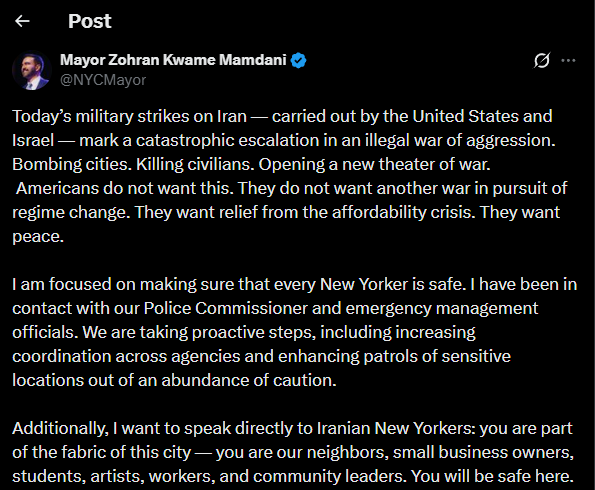 Madhurendra13's tweet photo. 🟥 BREAKING 
#ZohranMamdani का कड़ा बयान 🇺🇸🇮🇷
🗣️ न्यूयॉर्क सिटी मेयर #ZohranMamdani ने ईरान पर अमेरिका और इज़राइल के सैन्य हमले को “गैरकानूनी और विनाशकारी ” करार दिया। 
उन्होंने कहा:
🔥 “शहरों पर बमबारी, नागरिकों की हत्या, युद्ध का नया थिएटर खोलना , यह अमेरिका और इज़राइल की अनावश्यक और अवैध सैन्य कार्रवाई है।”
🕊️ #Mamdani ने जोर देकर कहा कि अमेरिकी लोग इसे नहीं चाहते, न ही वे किसी नए युद्ध या शासन परिवर्तन की तलाश में हैं; वे चाहते हैं शांति और घरेलू आर्थिक राहत। 
#BREAKINGNEWS #Iran #US #Israel #WorldNews