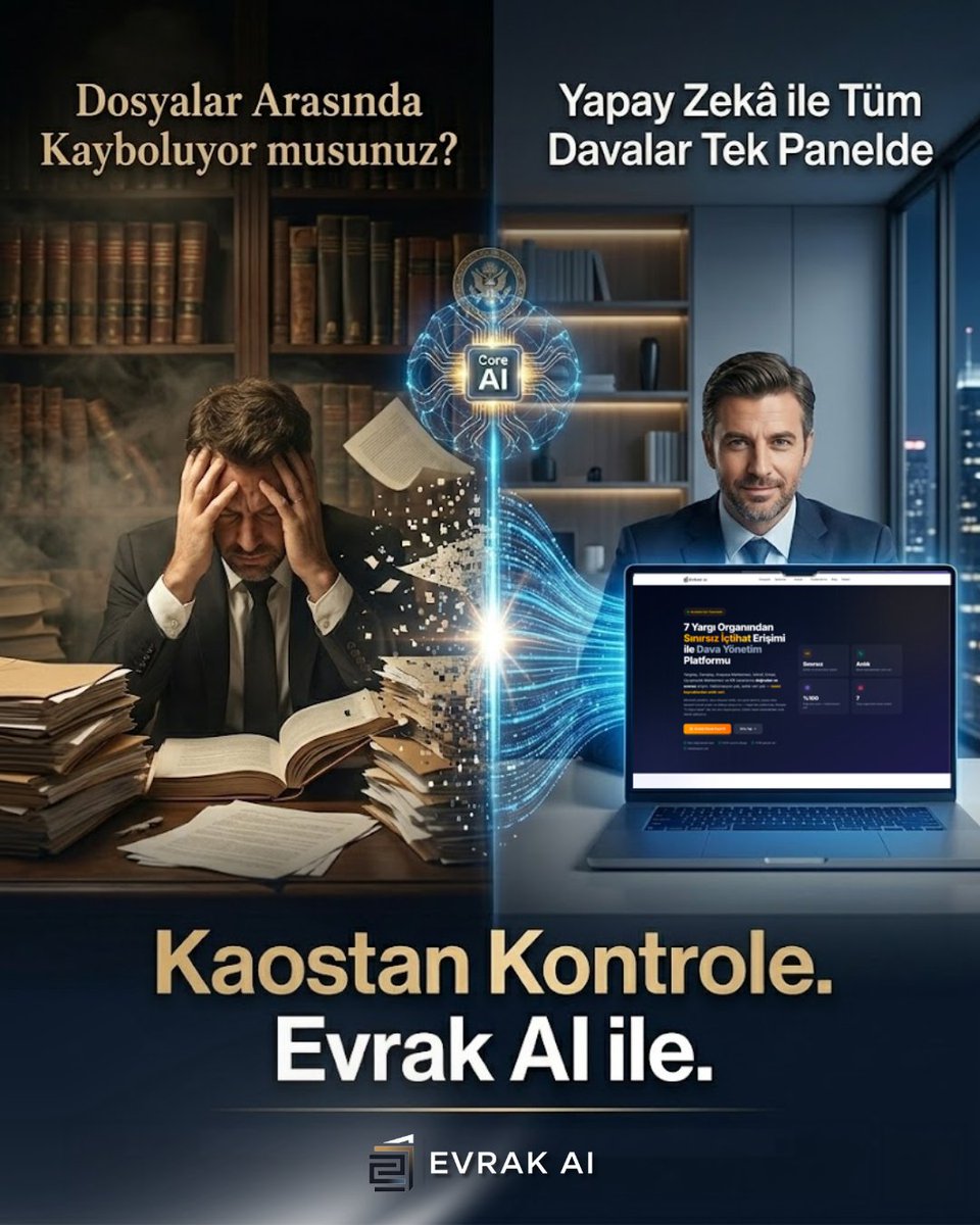 evrakaicom's tweet photo. Hukuk bürolarındaki o meşhur "dosya kaosu" artık bir kader değil.

7 yargı organından sınırsız içtihat erişimi ve yapay zeka destekli dava yönetimi tek panelde toplandı.

Daha hızlı. Daha güçlü. Daha akıllı. ⚖️

Kontrolü ele al: https://t.co/FCaVwokSkP

#EvrakAI #Hukuk #YapayZeka https://t.co/ZzEhiJNv24