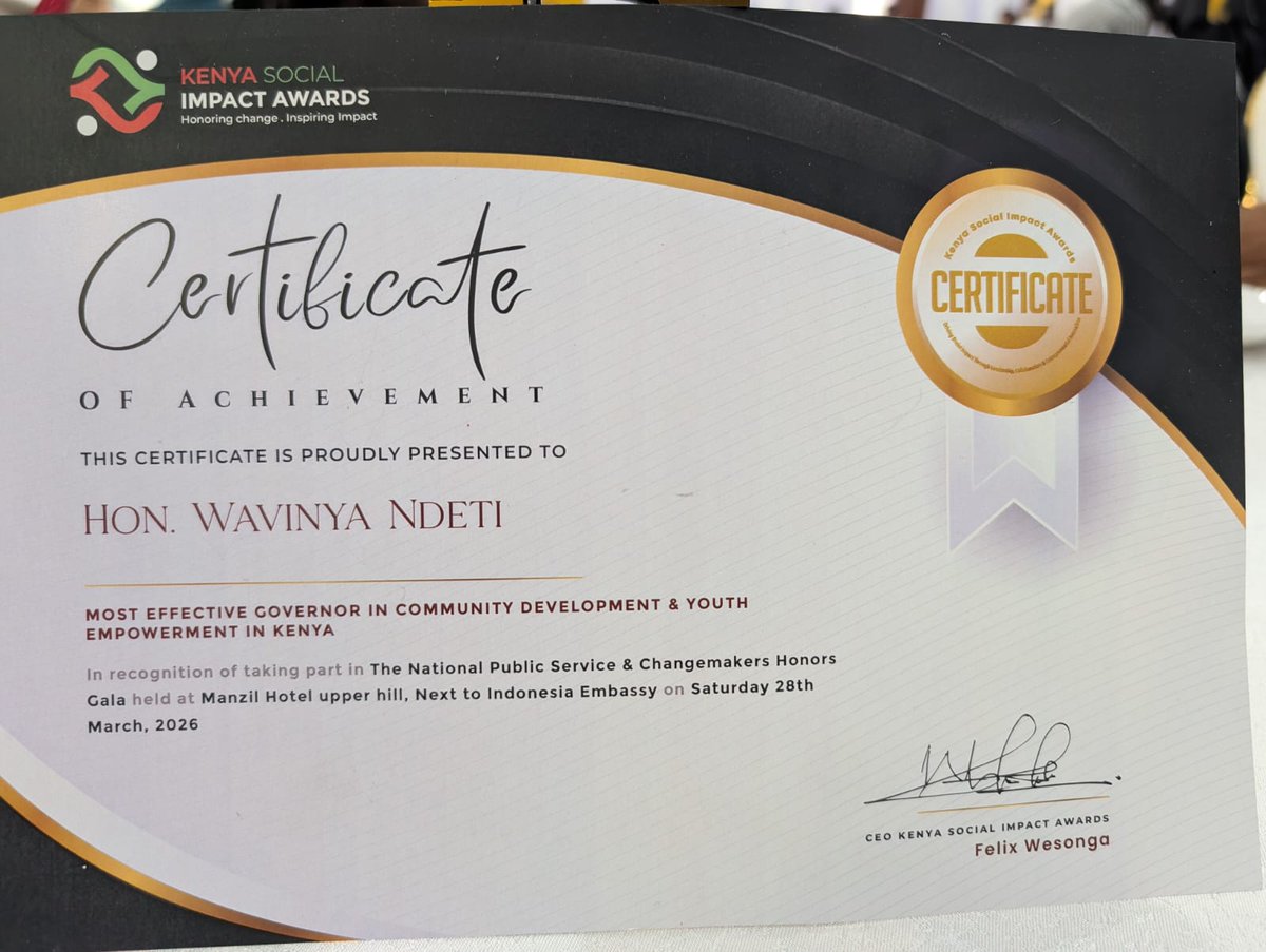 I am deeply humbled to be recognized by the Kenya Social Impact Awards as the most effective Governor in community development and youth empowerment in Kenya.

This award belongs to the people I serve and reflects the collective efforts of the County Government of Machakos in