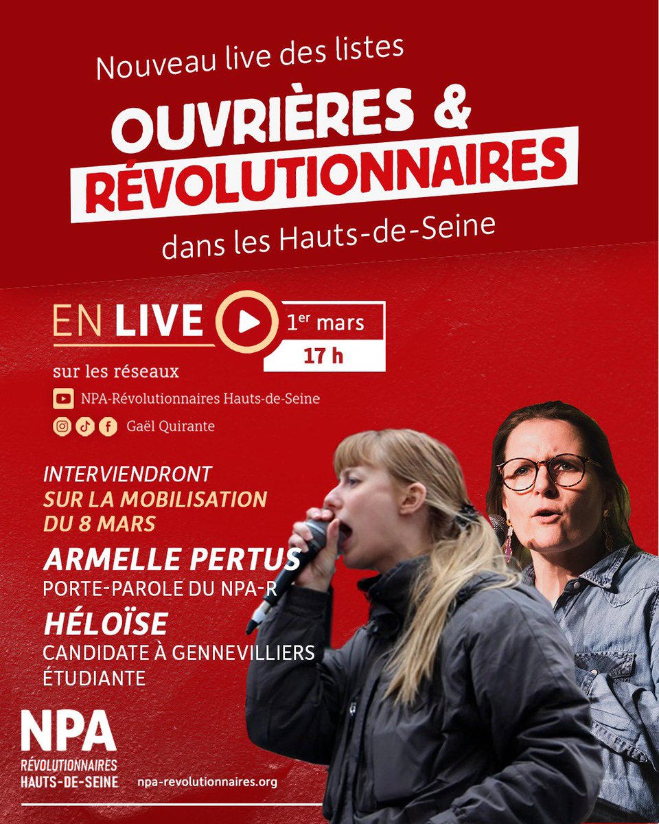 GaelQuirante's tweet photo. On se retrouve en live sur tous mes réseaux demain à 17h ! 🔥

On discutera notamment de la mobilisation du 8 mars pour l’égalité, contre le patriarcat et l’extrême droite, avec @armelle_pertus porte parole du NPA-R, et Héloïse étudiante et candidate du NPA-R dans la ville de Gennevilliers.

Pas de communisme sans libération des femmes ! Pas de libération des femmes sans communisme !