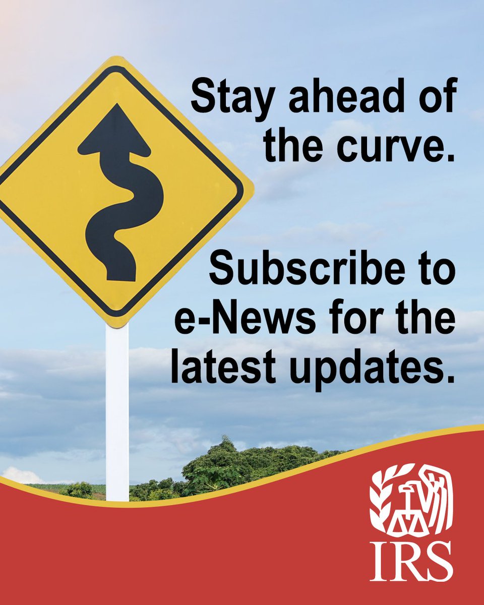 IRStaxpros's tweet photo. Stay ahead of the curve. Subscribe to e-News for #TaxPros for #IRS updates on tax law changes, disaster relief, webinars and more: https://t.co/mxbjxo8rO6 https://t.co/KJSpTcoEdo