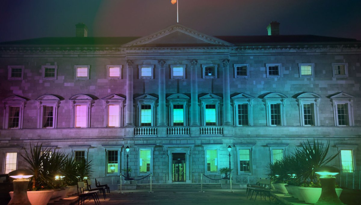 This evening, Leinster House is illuminated in the colours blue, pink and green to mark Rare Disease Day 2026. #SeeForYourself #RareDiseaseDay2026