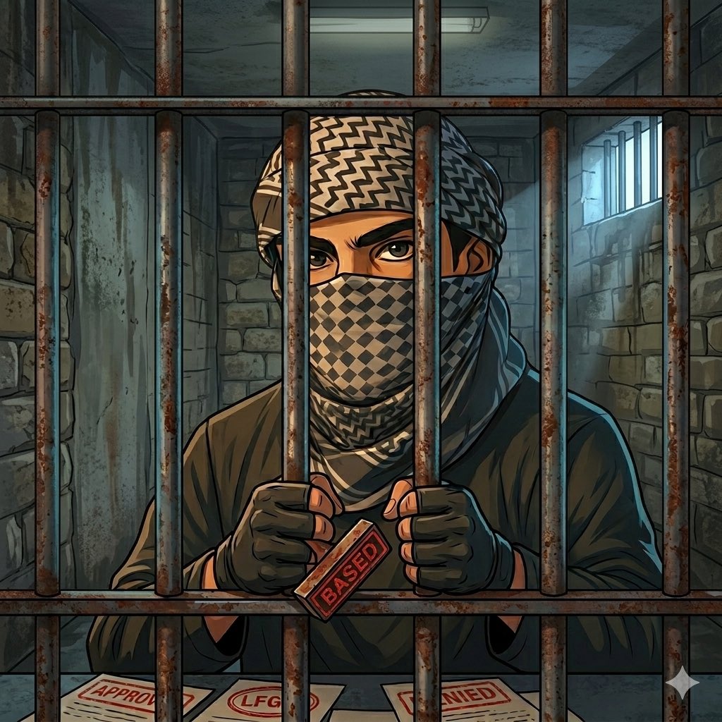 So I bought the criminal role on <a href="/Basedappcom/">Based</a> and immediately got thrown in jail 💀

Didn’t even get to commit a proper crime. Just vibes and straight to the cell.

The irony of spending money to get arrested in a prediction market game is not lost on me.

Anyway, I’m innocent.