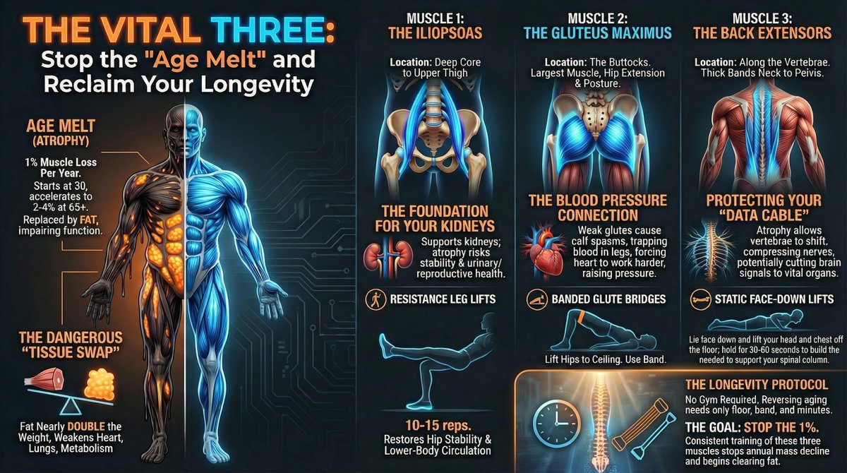 THREE MUSCLES YOU NEED TO TRAIN BEFORE IT'S TOO LATE

Your body starts betraying you at 30. Not gradually. Not eventually. At 30.

One percent of your muscle mass disappears every year after that birthday. Twenty percent gone by 50. Then the real collapse begins. Two to four