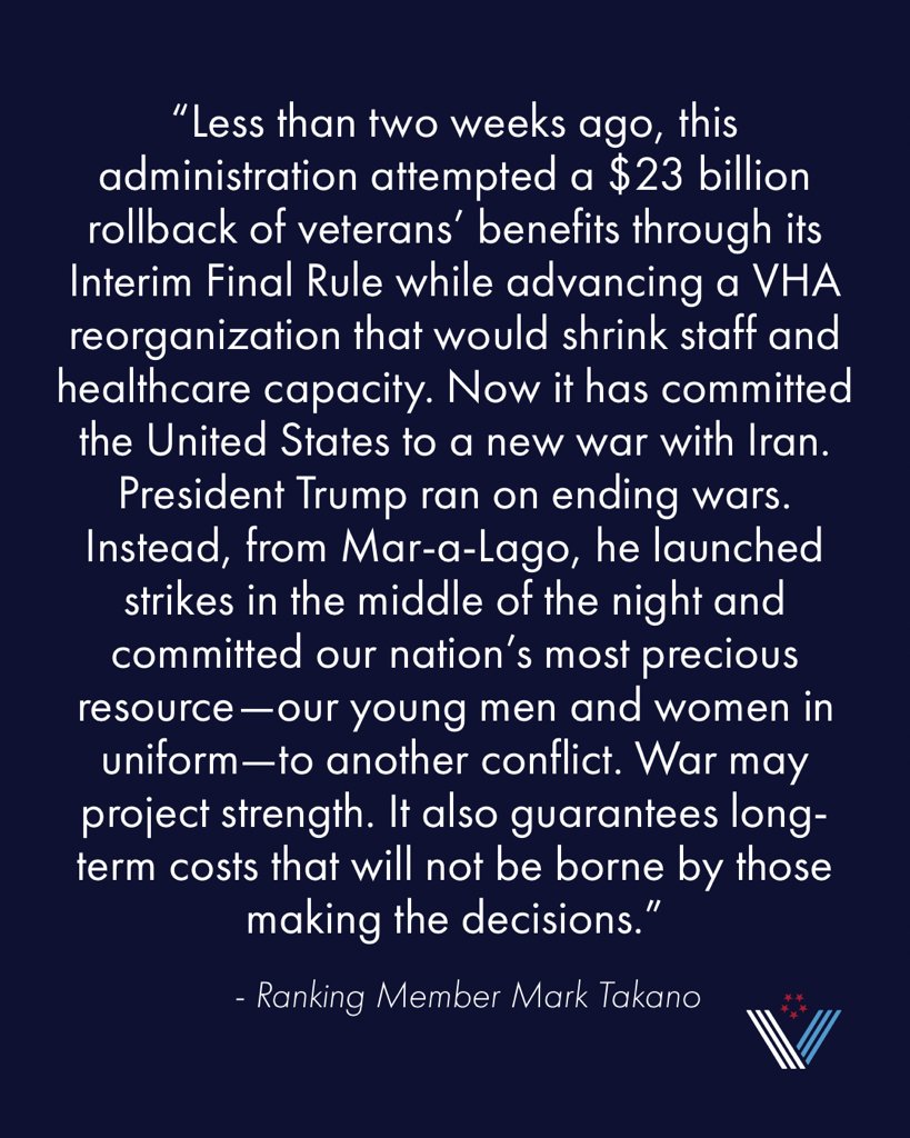You cannot shrink VA while starting a war and claim you are prepared for the true costs of war. Freedom is never free, and the obligation to care for those who defend it is not optional.

RM <a href="/RepMarkTakano/">Mark Takano</a>  statement on Military action against Iran: democrats-veterans.house.gov/news/press-rel…