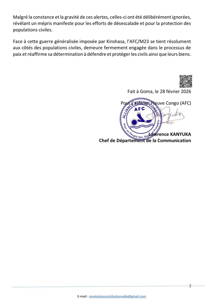 Ihuriro AFC/M23 ryemeje ko Col. Willy Ngoma yishwe na drones za Leta ya DRC.
Itangazo rivuga ko Leta ya Kinshasa yahisemo gukandangira ku bushake amasezerano y'agahenge ikagaba ibitero bigahitana n'abaturage.