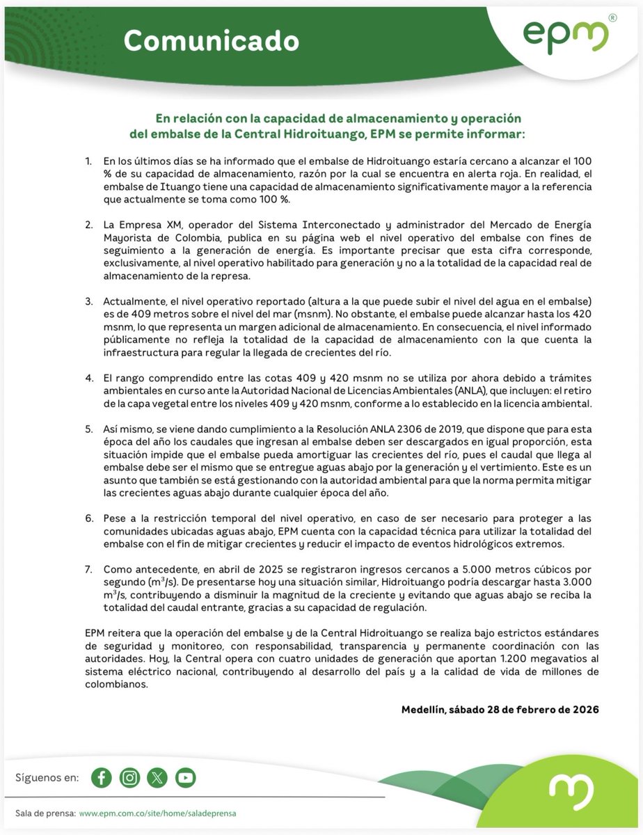 EPMestamosahi's tweet photo. En relación con la capacidad de almacenamiento y operación
del embalse de la Central Hidroituango, EPM se permite informar: https://t.co/0pXGu1rV9w