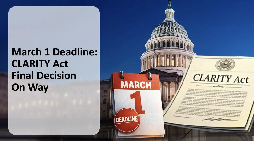 TheCryptoSquire's tweet photo. 🚨 REMINDER: March 1st is the deadline to pass the CLARITY ACT, aiming to make America the crypto capital of the world 🇺🇸

XRP stands at the center of regulatory clarity.
Clear rules = institutional adoption.
Institutional adoption = XRP dominance.

The future of crypto runs through regulation… and XRP is ready.