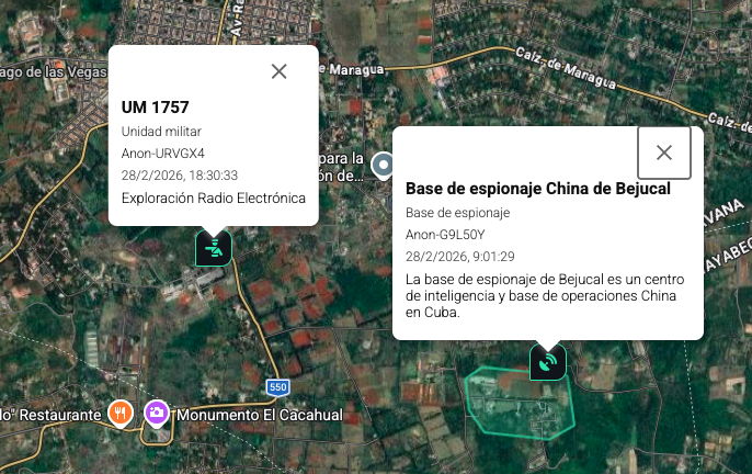 Van saliendo cosas interesantes. Aquí se aprecia la base de espionaje China de Bejucal y a escasos kms se encuentra la UM 1757 (El Cacahual), una unidad militar de Oh Sorpresa! Exploración Radio Electrónica.

Dice Bruno Rodríguez que Cuba no espía ni alberga bases de espionaje.