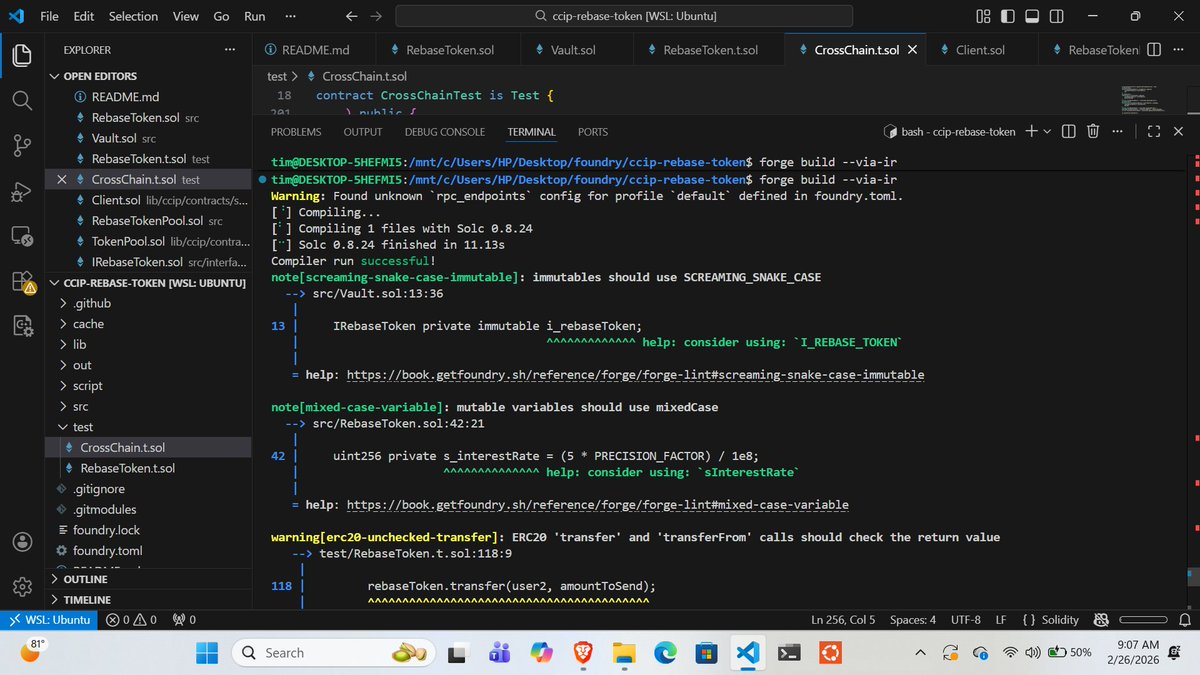 timsilva112's tweet image. It's another weekend to improve my knowledge.
finally solved the bug that drove me crazy for one week.
Todays #solidity grind: ccip contd
✅First #crosschain test
✅Wrote Vault deployment #Script
✅wrote Token And Pool deployer script
✅wrote pool config script
✅bridging script